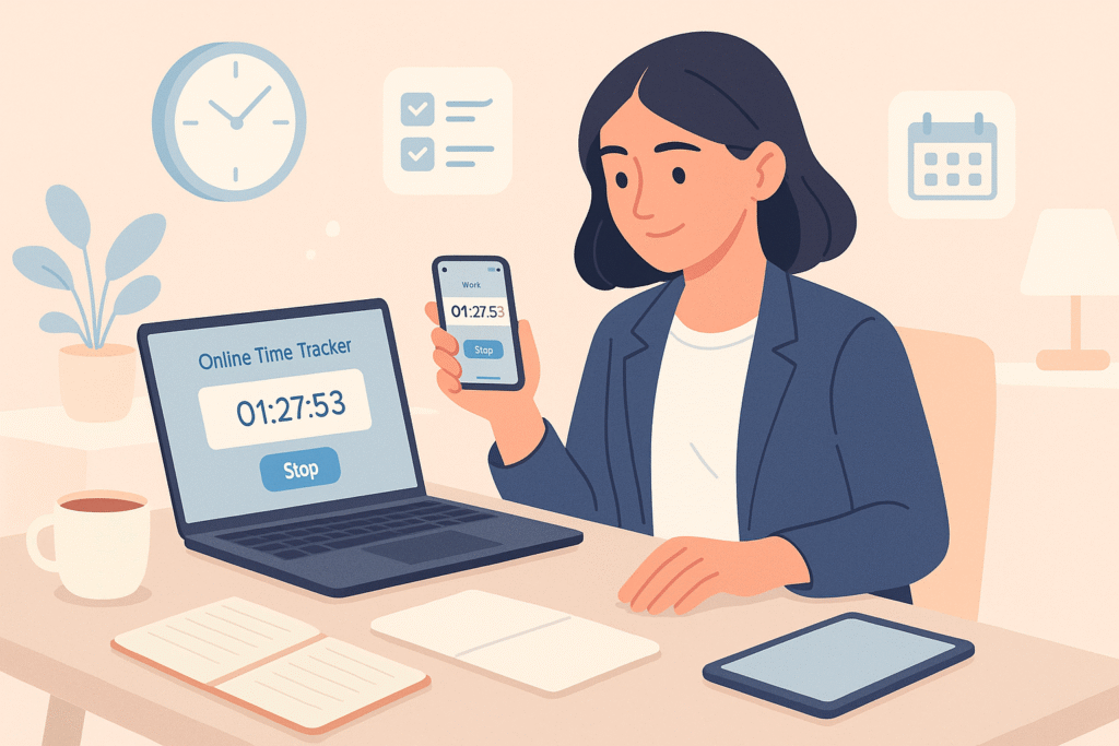 Woman using online time tracker app on laptop and phone to manage work schedule