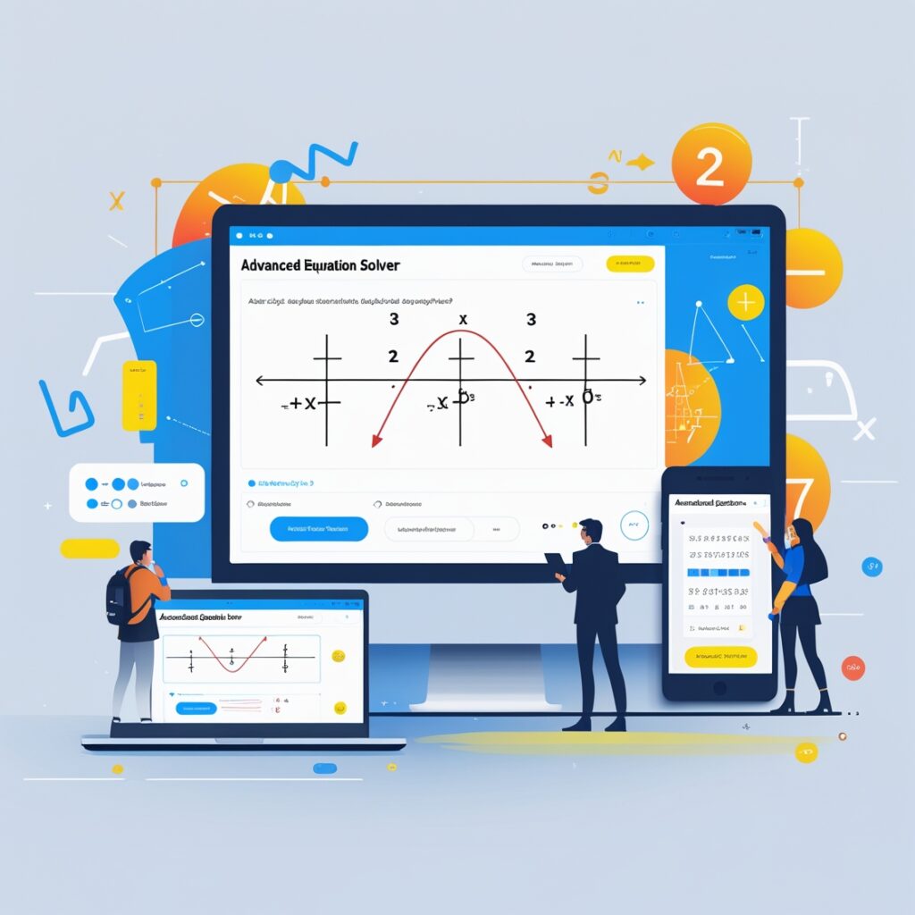 Advanced Equation Solver tool displayed on laptop, tablet, and smartphone solving linear, quadratic, and cubic equations. Modern interface with real/complex roots, floating math symbols (x³, √), and diverse users (students, teachers, professionals) in a blue-and-white theme.