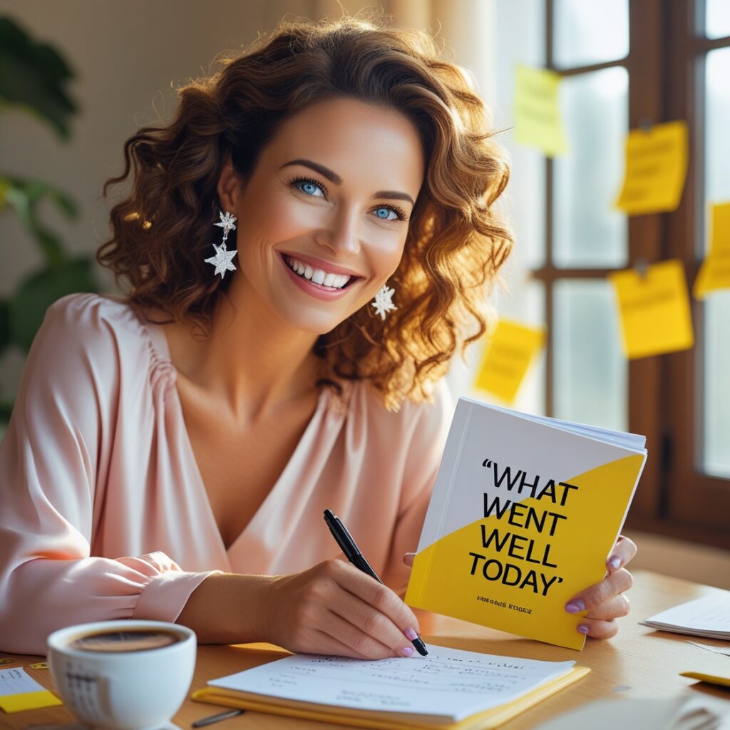 Happy woman using a what went well today journal at her desk