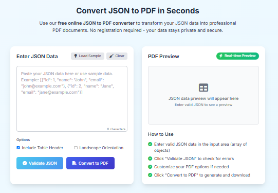 Free Online JSON to PDF Converter