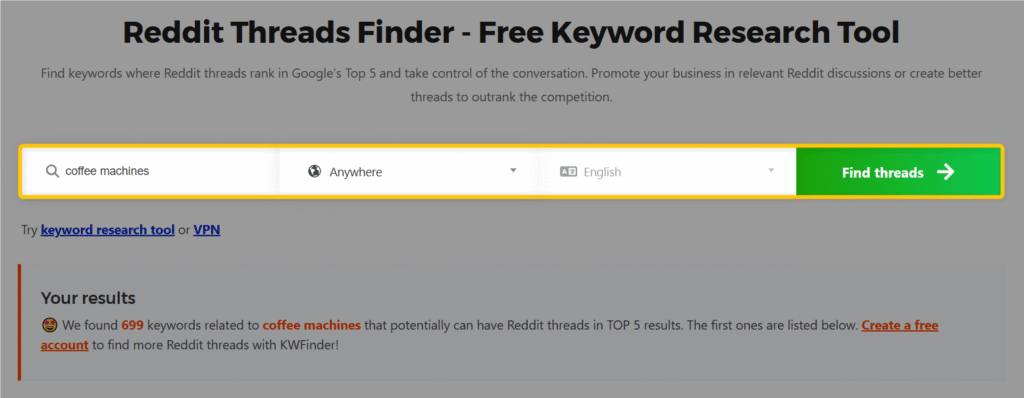 reddit keyword research tool interface